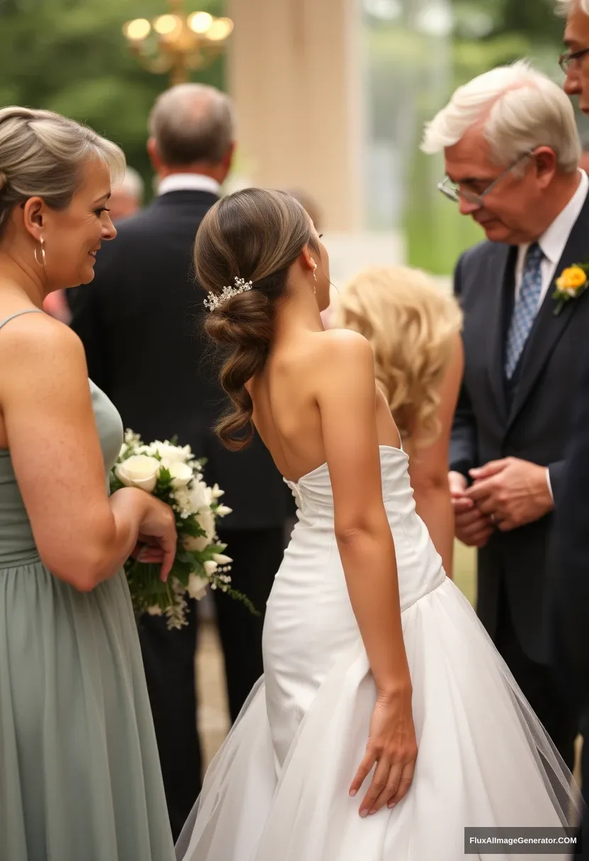 A petite young woman, sensitive, delicate, girly, backless strapless side-less low-waisted contouring wedding dress. Fawning obediently mingling with fathers. Expectations. Perfect posture. Pale skin.