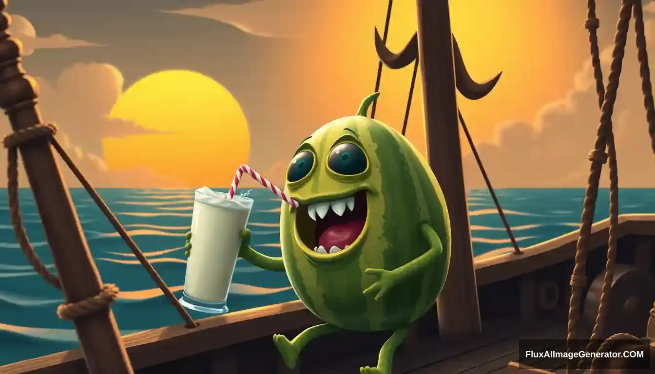 A melon drinking a milkshake with a straw on a pirate ship with a big sun in the background. - Image