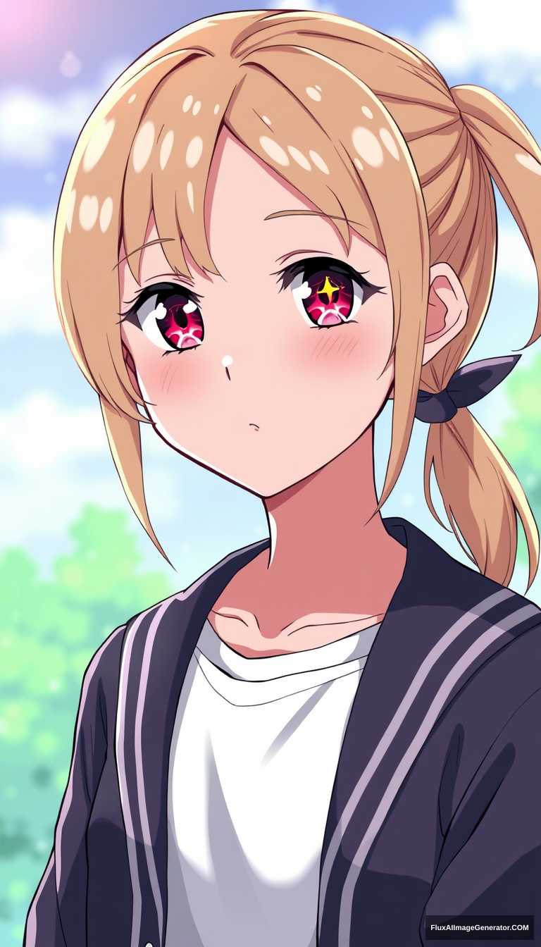 A beautiful young girl of average height with blonde hair tied in a side ponytail (similar to how her late mother Ai Hoshino did) and possessing pink-ruby colored eyes with a six-star in her left eye like her late mother. Anime style. She has a star only in her right eye. High quality. - Image