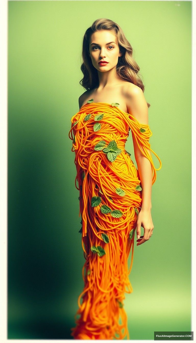 'a 1980s blurry polaroid photo. A fashion model stands gracefully against a muted green background, wearing a striking dress made entirely of vibrant orange spaghetti noodles. The dress is intricately designed, with the noodles cascading and twisting around her figure, creating a unique and artistic silhouette. Delicate green mint leaves are scattered throughout the dress, adding a pop of color and a fresh touch. The model has long, wavy hair styled elegantly, and her expression is serene and confident. The lighting is soft, enhancing the textures of the noodles and the overall whimsical vibe of the outfit.'