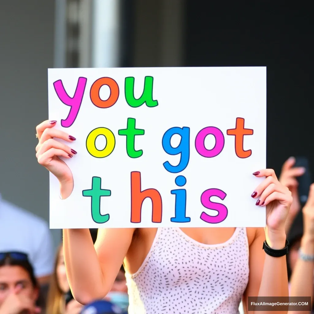 Taylor Swift holding up a sign with colorful letters that spell “you got this.” - Image