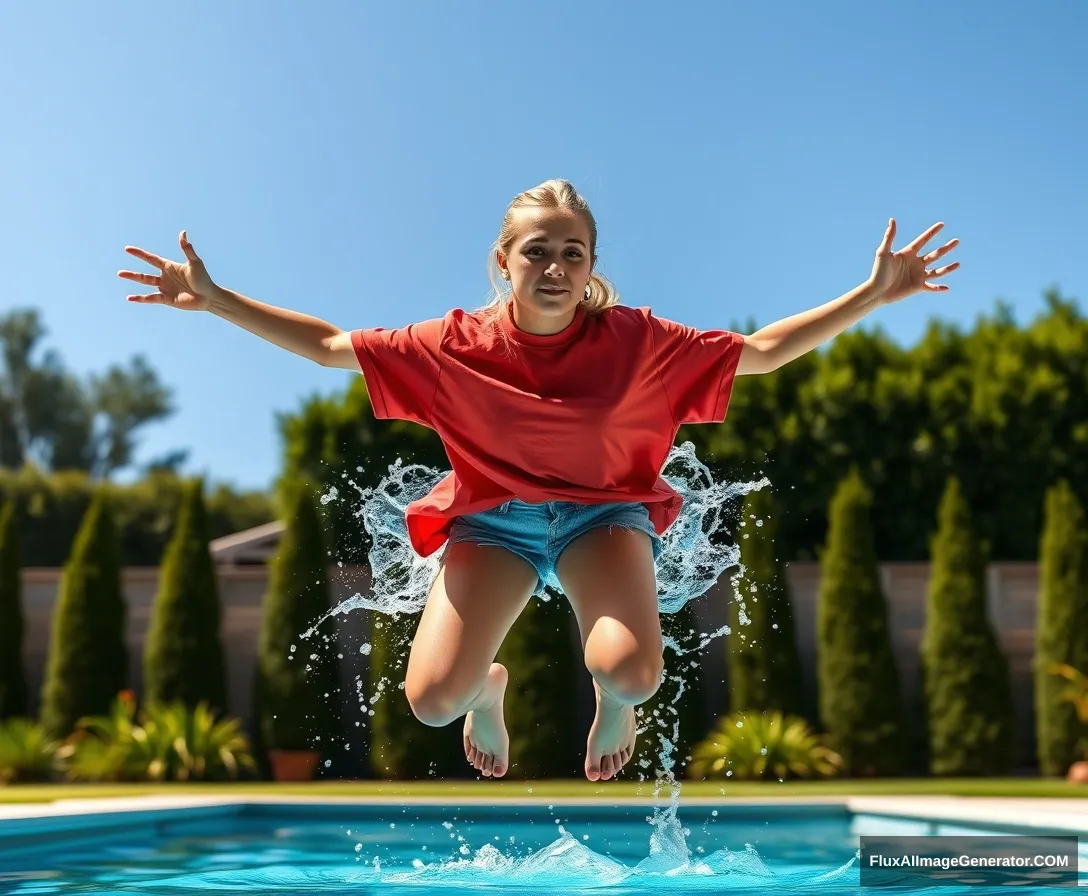 Front view of a young blonde skinny woman who has a good tan, is in her early twenties, and is in her massive backyard wearing a massively oversized red polo t-shirt that is a bit off balance on one of the shoulders. The bottom part of her t-shirt isn't tucked in, but it's also not that long. She is also wearing medium-sized light blue denim shorts and is barefoot. She jumps into the pool with her arms straight down, creating a big splash as her legs go underwater. - Image