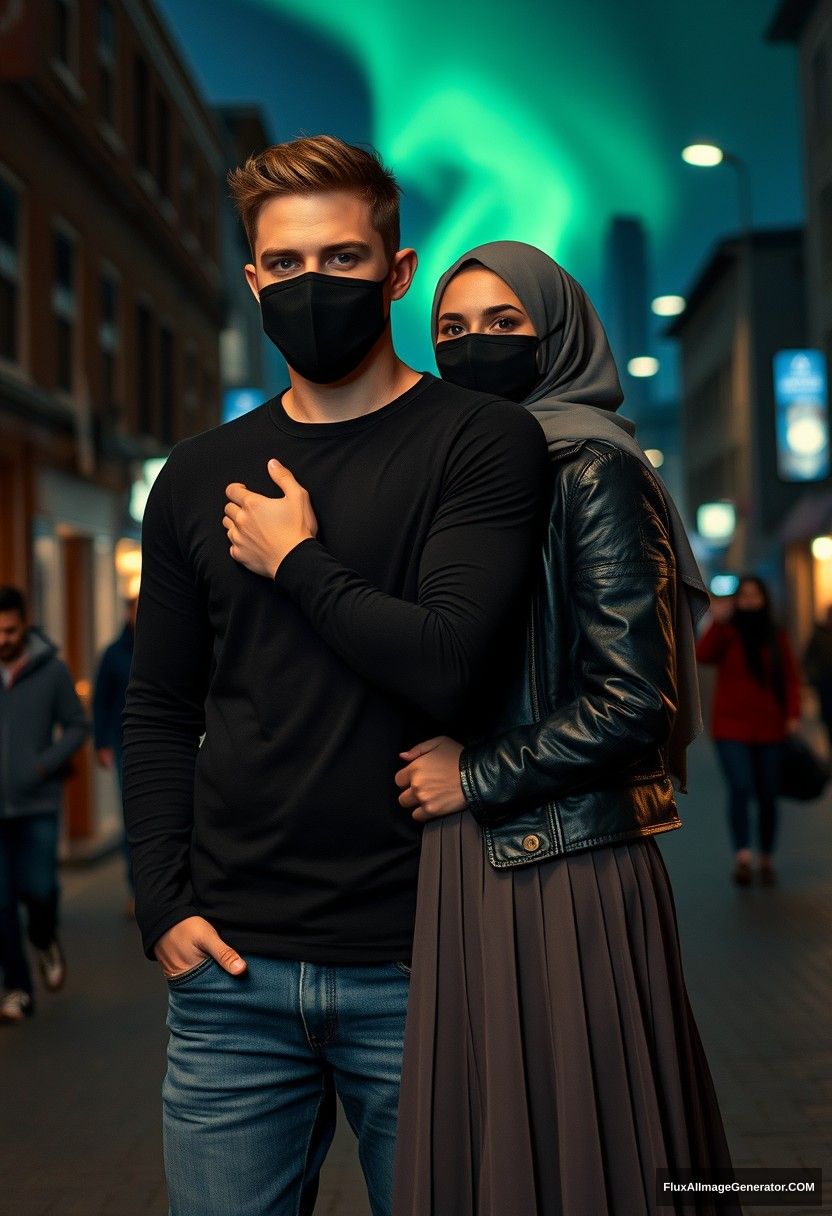 Jamie Dornan, tall, young, black face mask, black long-sleeve playboy t-shirt, jeans, 

dating romantically with a grey hijab Muslim girl, beautiful eyes, black face mask, leather jacket, very long and wide skirt, not a tall girl, 

lying on his shoulder, in the town, photorealistic, street photography, night scenery, aurora borealis.