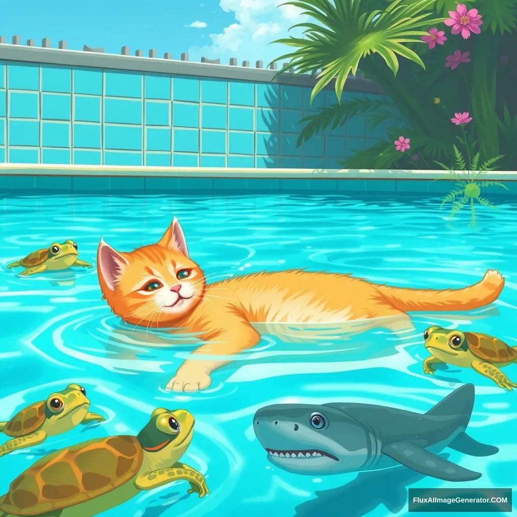 A yellow little cat is lying in the swimming pool eating cake on a hot summer day. There are also frogs and turtles in the pool, and they are both very happy. But there is still a shark lurking underwater.