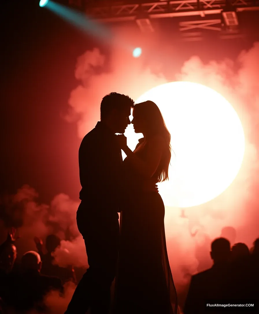 Creative silhouette photo of a couple dancing on stage facing the camera, it's at night, with loads of smoke around them. He is in front of an illuminated circle lighting up the stage behind, in RGB colors, editorial, 35mm film. Intricate, exquisite details and textures, sharp focus, high resolution, detailed eyes, 8k UHD, Nikon D850, high quality, film grain, hyper-realistic skin (detailed skin: 1.3).