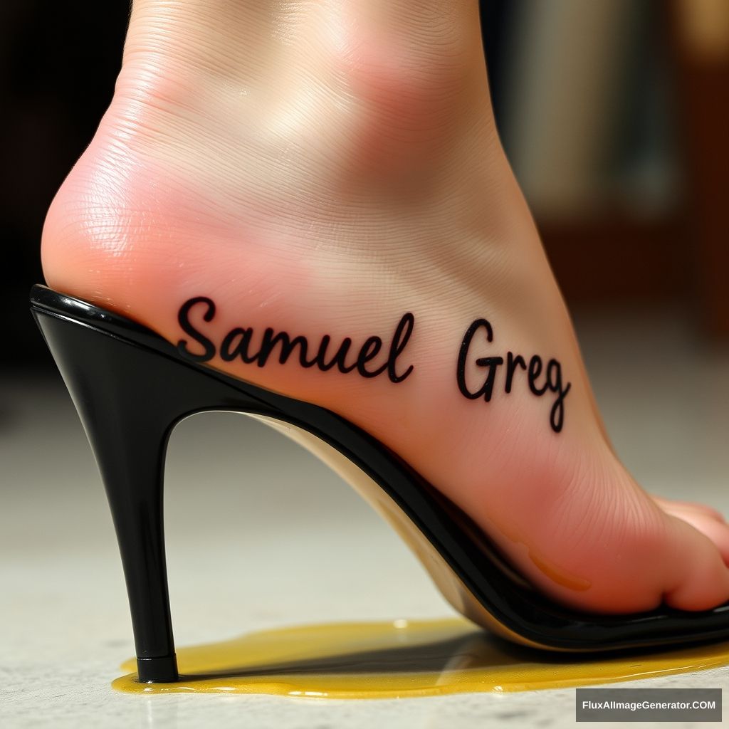 The name "Samuel Greg" on a woman's foot in a black high heel. There is oil all over the foot. - Image