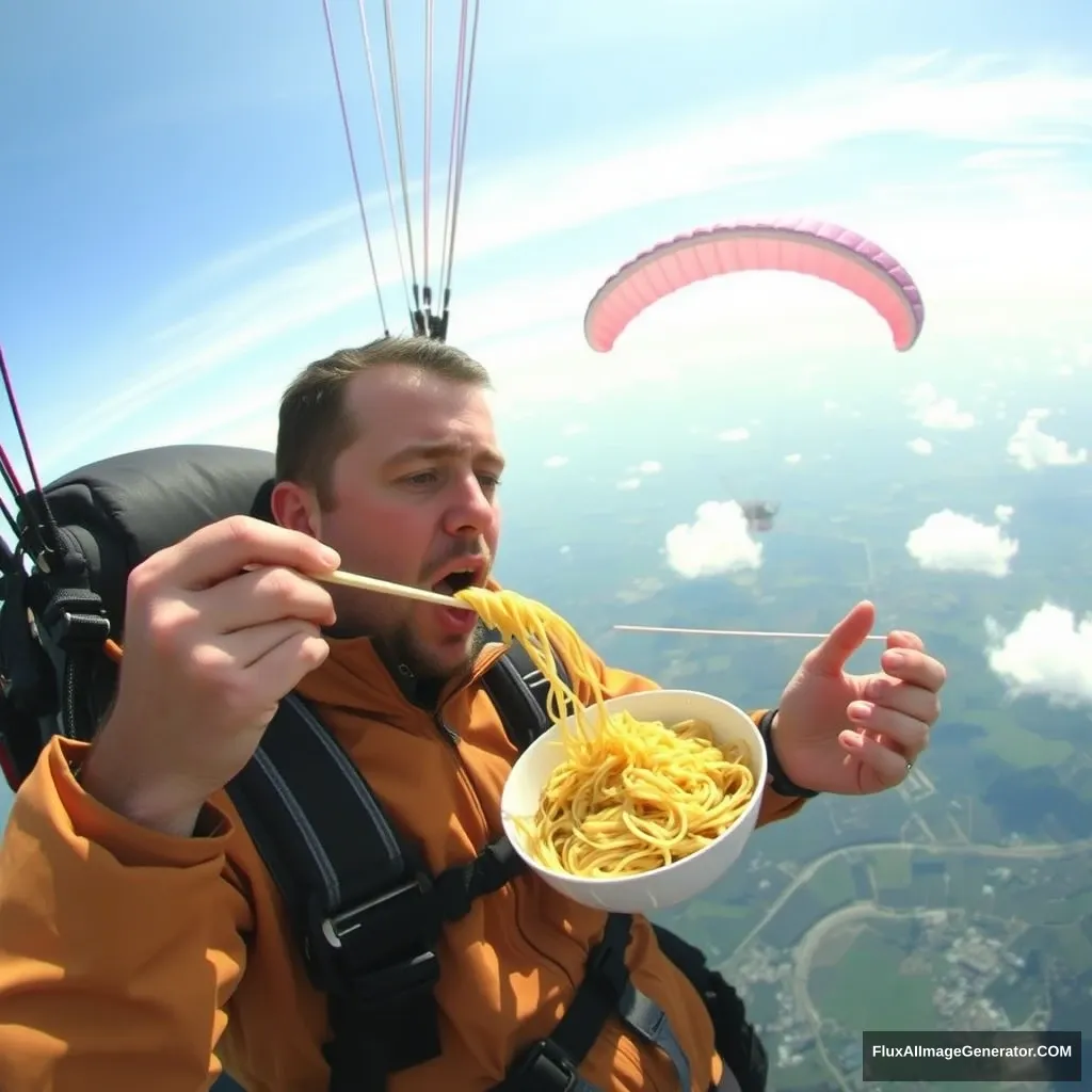 "A man is eating noodles while parachuting."