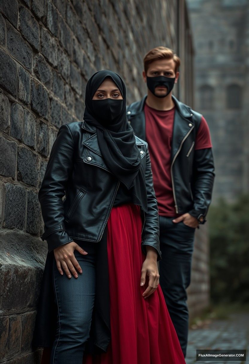 A biggest black hijab girl, beautiful eyes, face mask black, black leather jacket, biggest red longest dress, untall,

Jamie Dornan, handsome, face mask black, fit and tough body, metal red t-shirt, black leather jacket, jeans, tall man,

standing near wall together,
Hyper realistic, photorealistic, street photography, Victoria's abandoned castle, gloomy, darkness. - Image