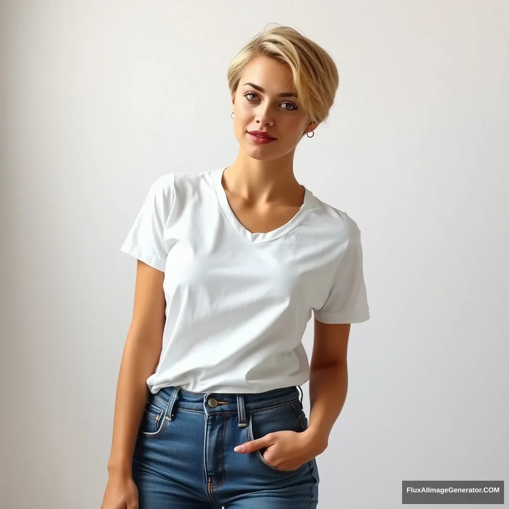 A beautiful woman with short hair, wearing a white T-shirt and jeans.