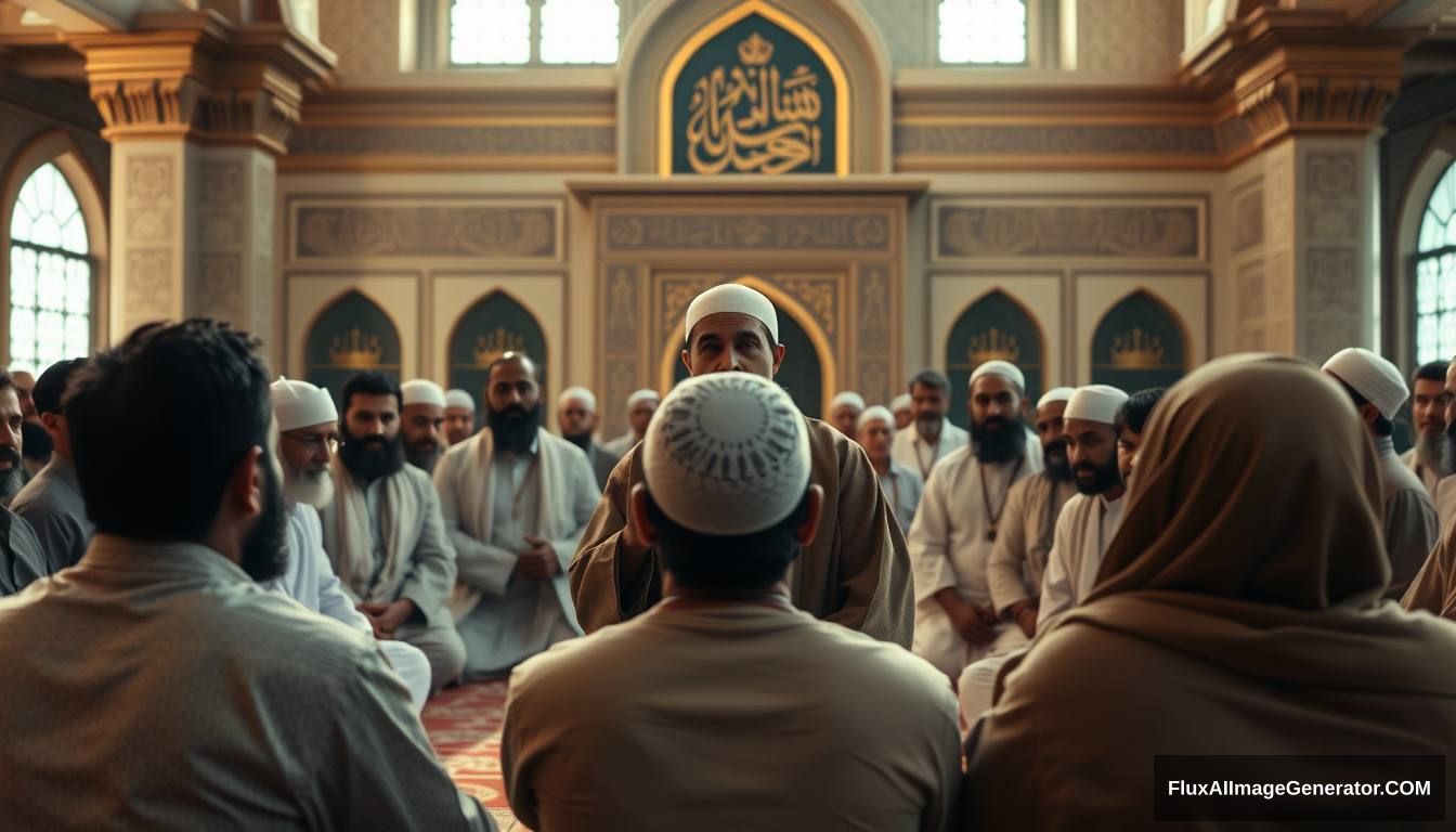 Prophet Muhammad (SAW) addressing his companions in a mosque, explaining the signs of Dajjal. The scene is filled with calm yet serious expressions, emphasizing the importance of the message. Ultra HD, realistic, respectful, with soft and cinematic lighting.