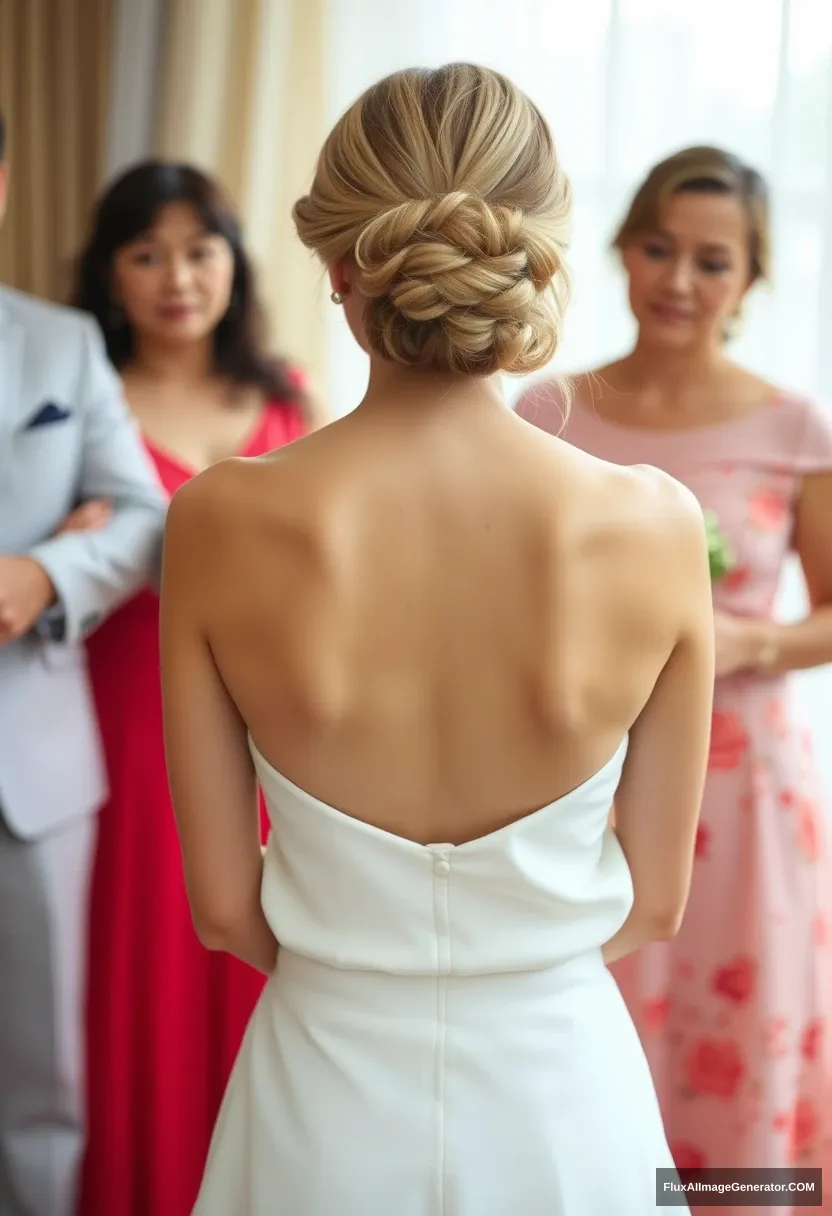 A young woman, sensitive, delicate, ashamed, backless strapless low-waisted wedding dress, in front of family.