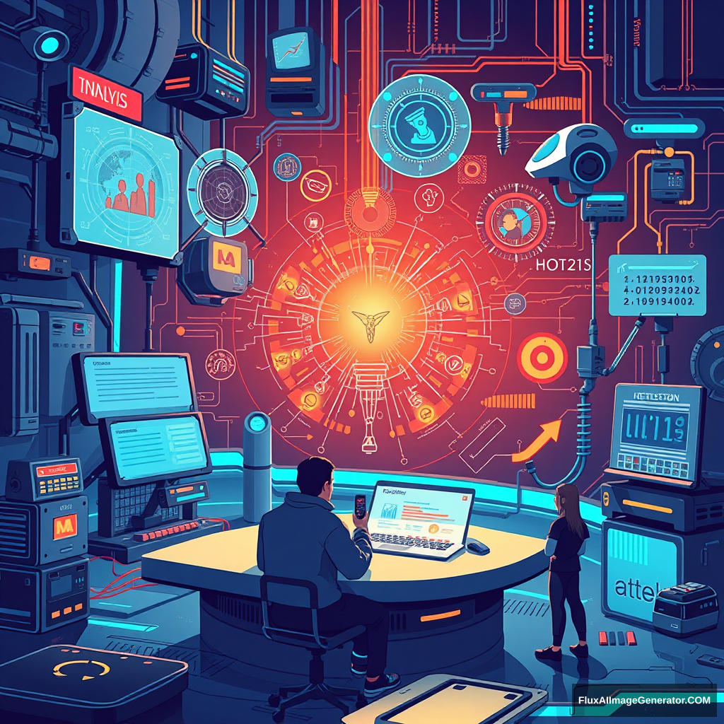 A futuristic, tech-inspired illustration depicting the concept of "innovation." The scene should highlight that innovation doesn't appear out of nowhere but is based on existing knowledge and experience. It involves logical analysis, synthesis, and reasoning, blending information to generate new ideas and solutions. Include elements representing analysis, induction, deduction, and reasoning, as well as moments of insight, intuition, and subconscious inspiration. --v 5 --ar 16:9 --q 2 - Image