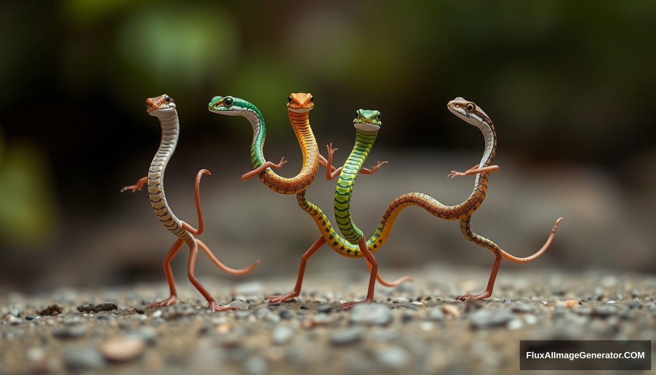 4 thin tiny snakes dancing, colorful snakes expertly coiled and gracefully performing a dance.