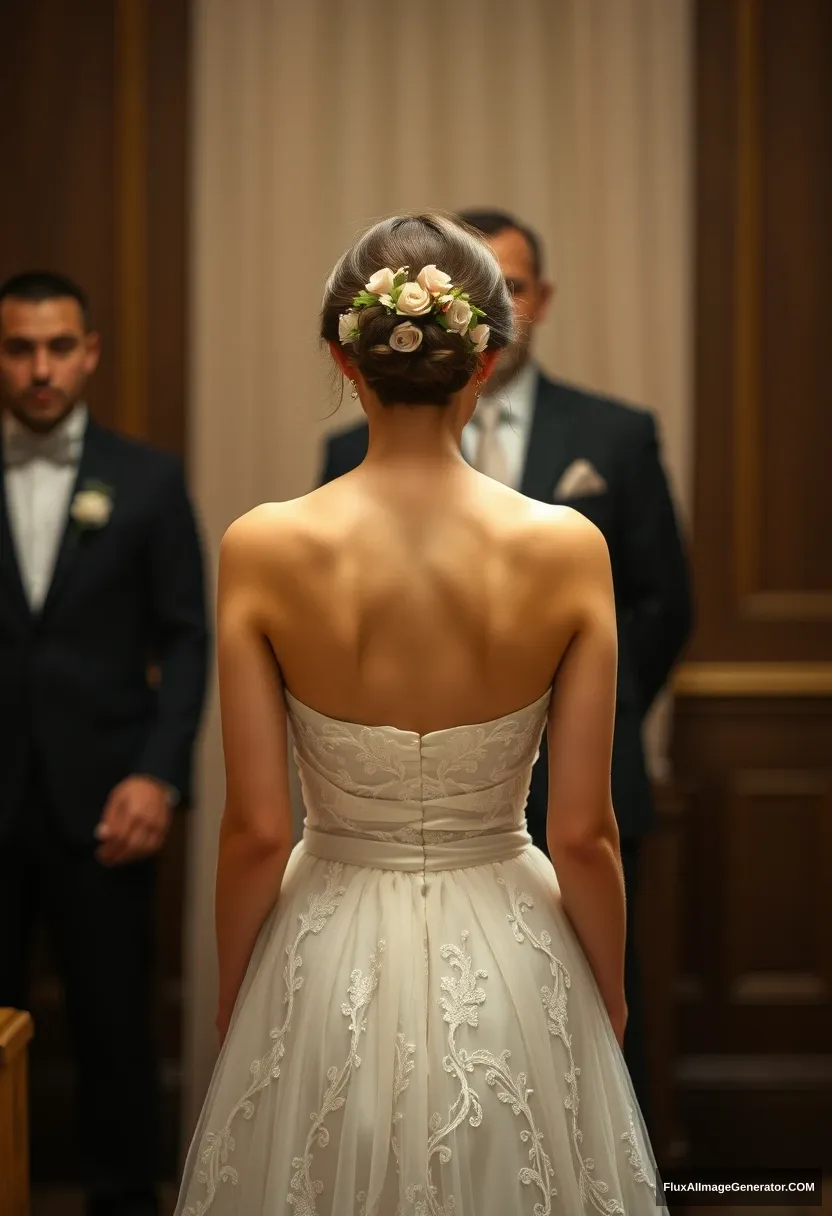 A young woman, sensitive, delicate, ashamed, wearing a backless strapless small-waisted wedding dress, standing in front of patriarchy, feeling helpless.