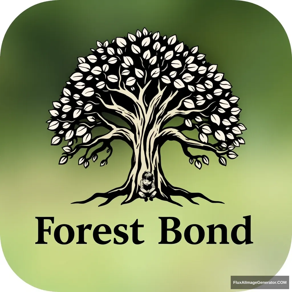 It's a logo for an app called forestbond. It features a tree in the shape of a woman spreading its branches with numerous leaves. It conveys the impression of deep and solid roots. Render it in a respectful manner and include the words "Forest Bond" underneath. The design should have a serious tone. Ensure that the drawing and text do not overlap. It should appear as though a child is sitting underneath the tree, looking up at it. The entire design should be in black on a transparent background. - Image