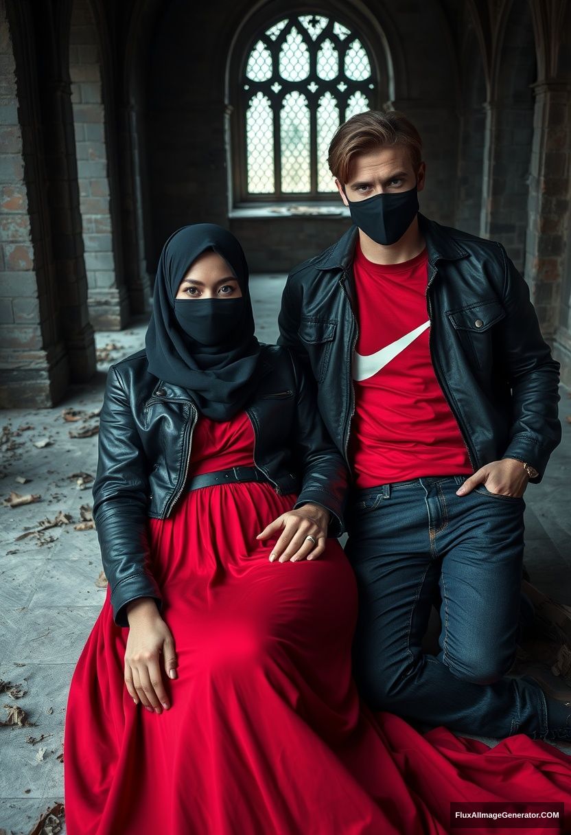 A big black hijab girl, beautiful eyes, black face mask, black leather jacket, the biggest and longest red dress, not tall, lying down next to him,

Jamie Dornan, handsome, black face mask, fit and tough body, red Nike t-shirt, black leather jacket, jeans, tall man, leaning against the wall,

Hyper realistic, photorealistic, studio photography, Victoria's abandoned castle, gloomy. - Image