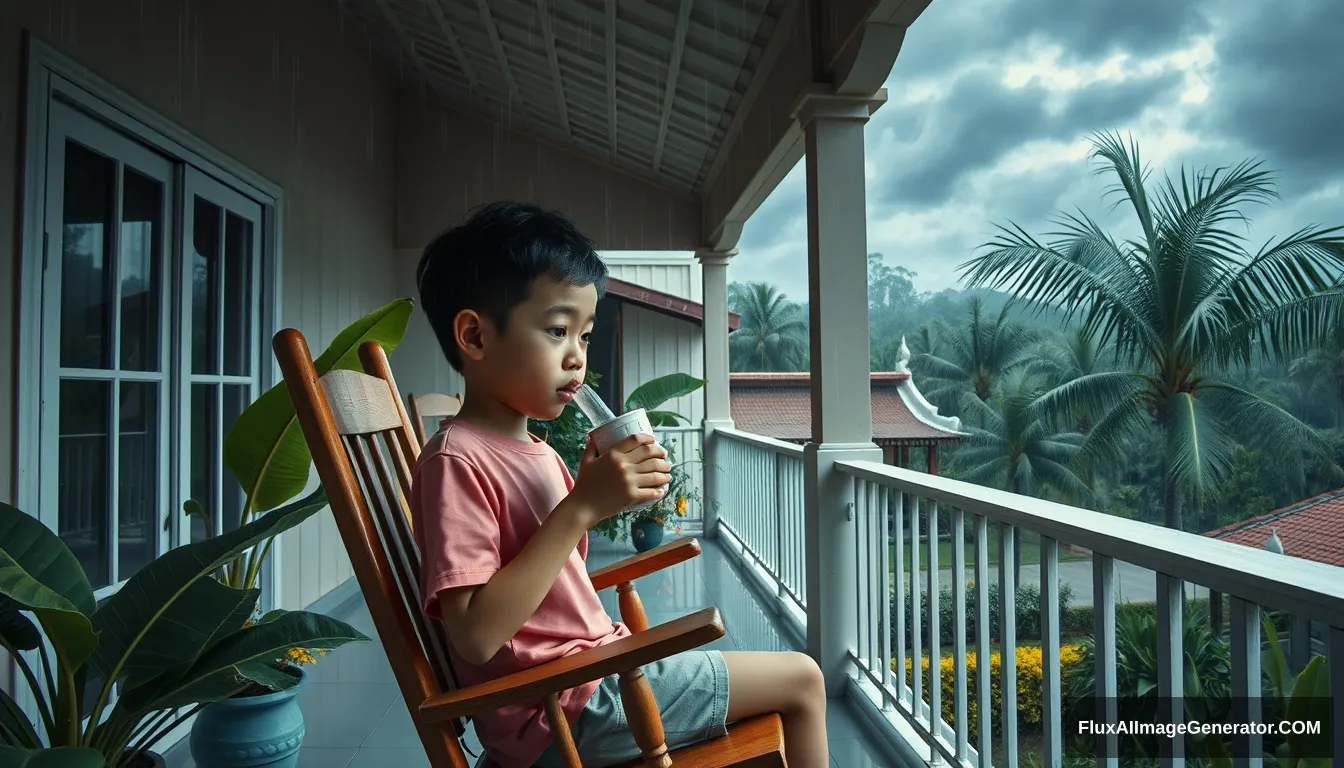 the style of Hirohiko Araki Kubrick, a 10-year-old Thai handsome boy, wearing a pink t-shirt, sitting on a rocking chair, sipping hot coffee, chilling on the balcony of a house in Chonburi, enjoying the morning atmosphere with dark blue clouds, cool wind in front of the house, with a garden, banana trees, coconut trees, heavy rain atmosphere, Oil painting, sharp 3d, 40k, pastel colour