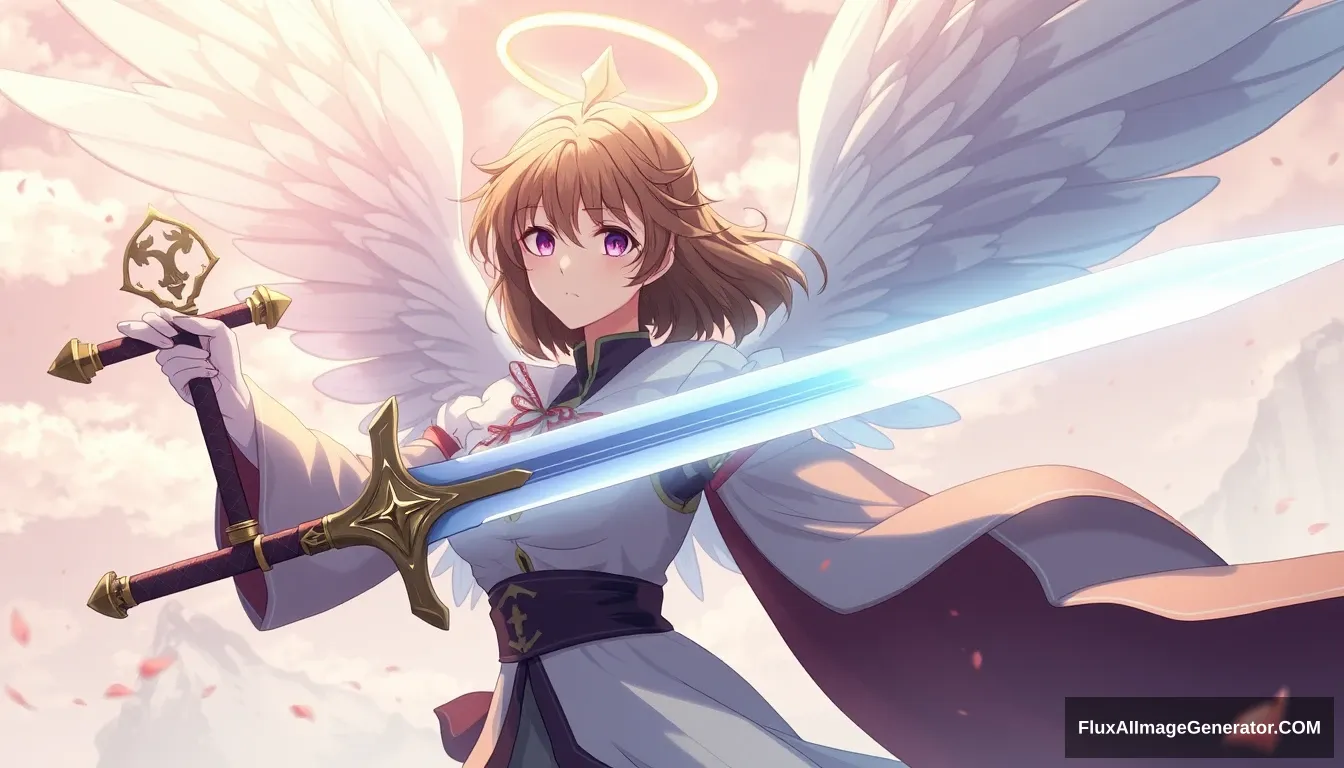 'A female holding a double-edged sword, anime holy archangel Eser.'