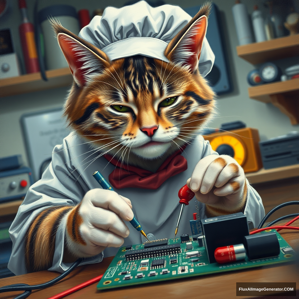 A hyper-realistic feline chef, whiskers twitching with concentration, delicately solders surface mount capacitors and resistors on a circuit board. The kitchen-turned-workshop buzzes with electronic equipment. Meticulous brushstrokes capture every fur detail, creating a surreal blend of domestic and technological worlds. - Image