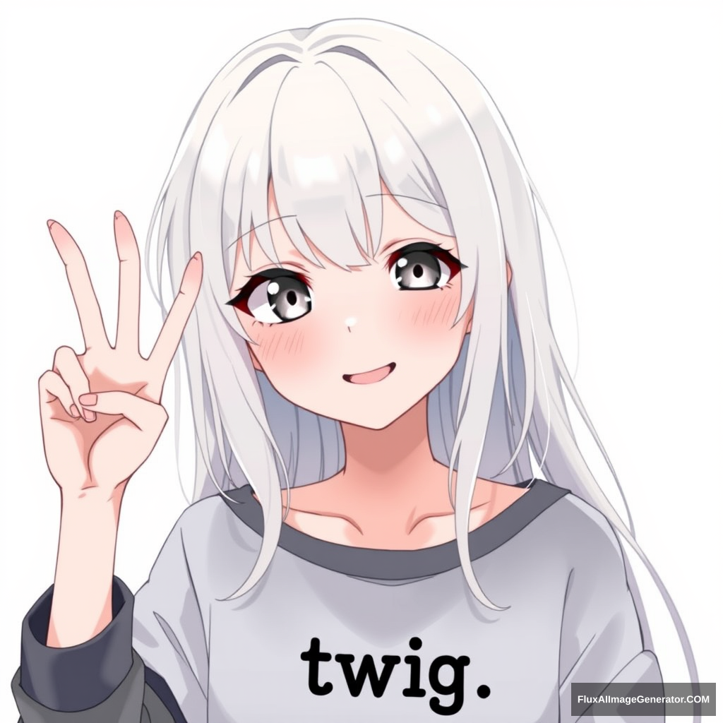 Anime girl happy 24 years old doing the peace hand sign with white long hair and gray eyes, wearing a loose shirt with black text on it that says "twig" in the middle. White background with nothing. - Image