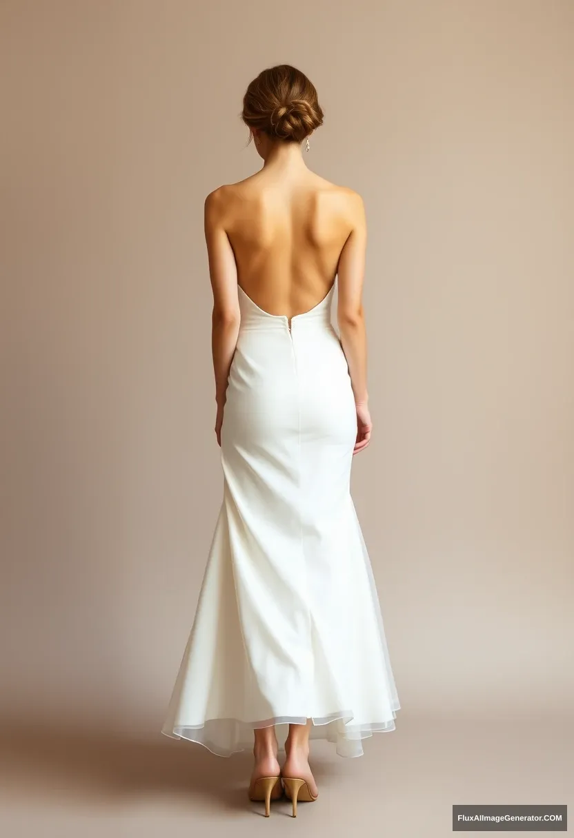 a young woman, sensitive, delicate, ashamed, backless strapless low-waisted petite wedding dress