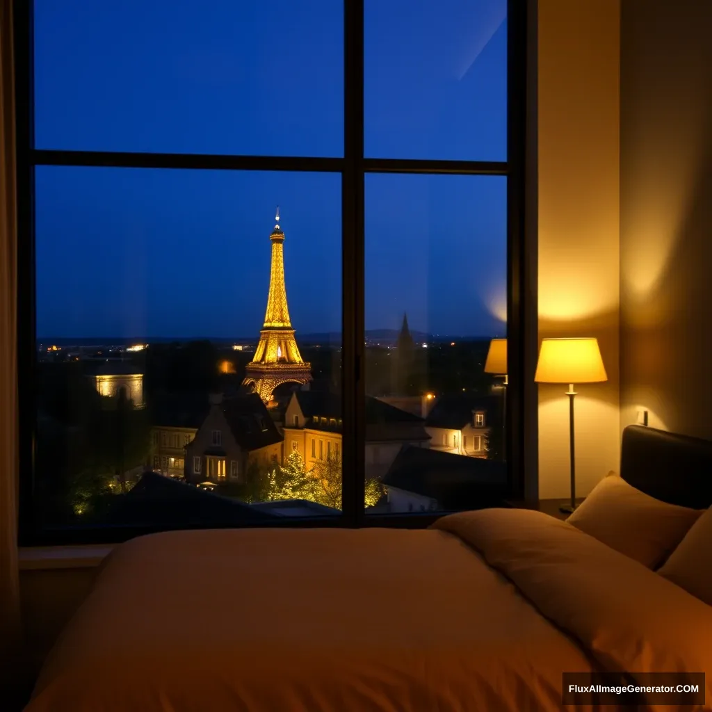 big glass window, bedroom scenery, midnight in France,