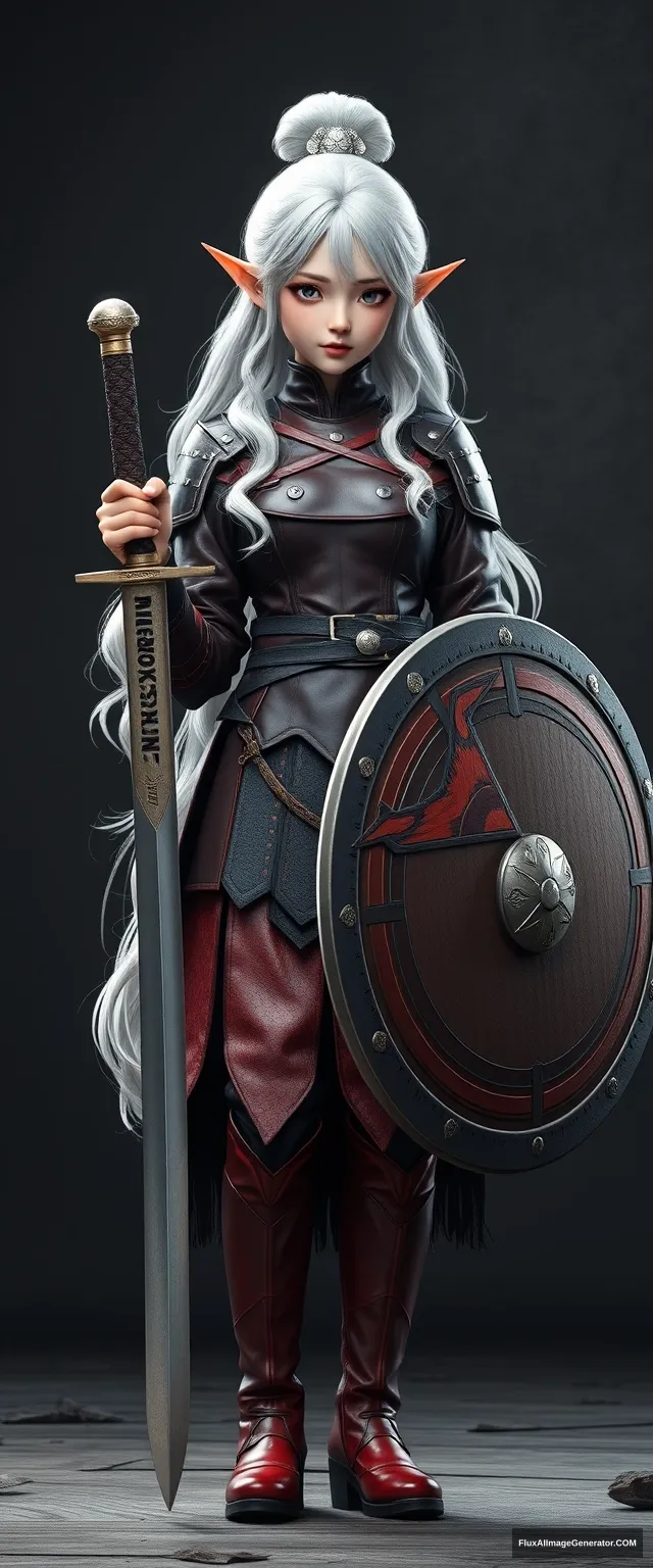 A gorgeous and elegant girl elf (Tousled & platinum colored hair, with a silver hairpiece) is wearing Leather Armor (Korean traditional clothing style), with the skirt hemline at the back. The pus is on one side of the stain, red leather boots, holding a huge Korean traditional sword and round shield (labeled "KHAN"), hyper-realistic photo, unreal engine, front shot.