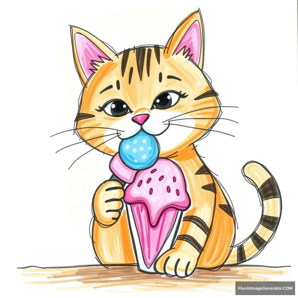 Cat eating ice cream, A crappy drawing by a 3 year old no Logo