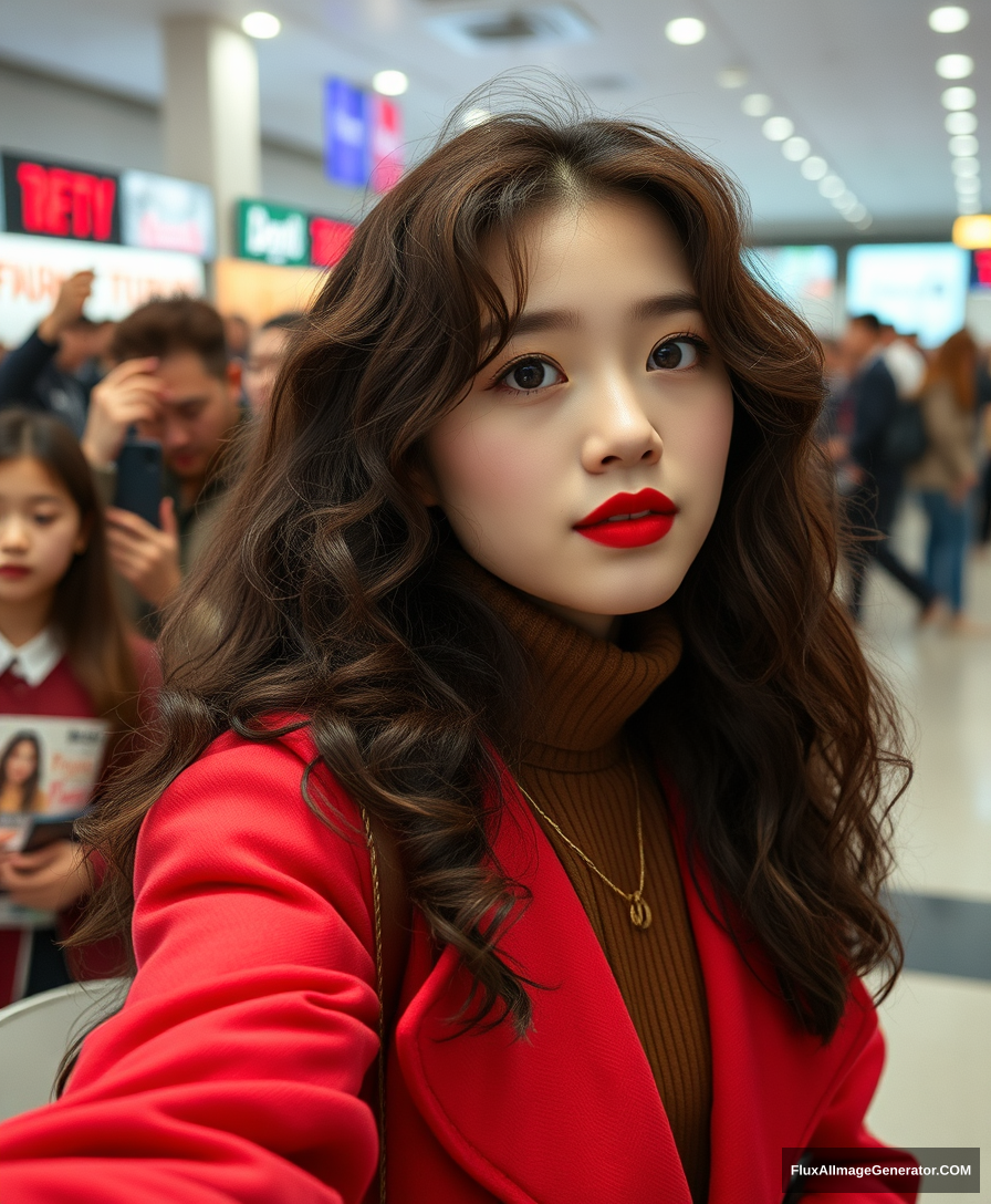 A Korean girl with long curly hair, brick red lipstick, a brown sweater, and a red coat, looking at the audience, taking a photo of herself, fashion magazine covers, retro aesthetics, and digital photography, filters, photography, cinematic, dream aesthetic. - Image