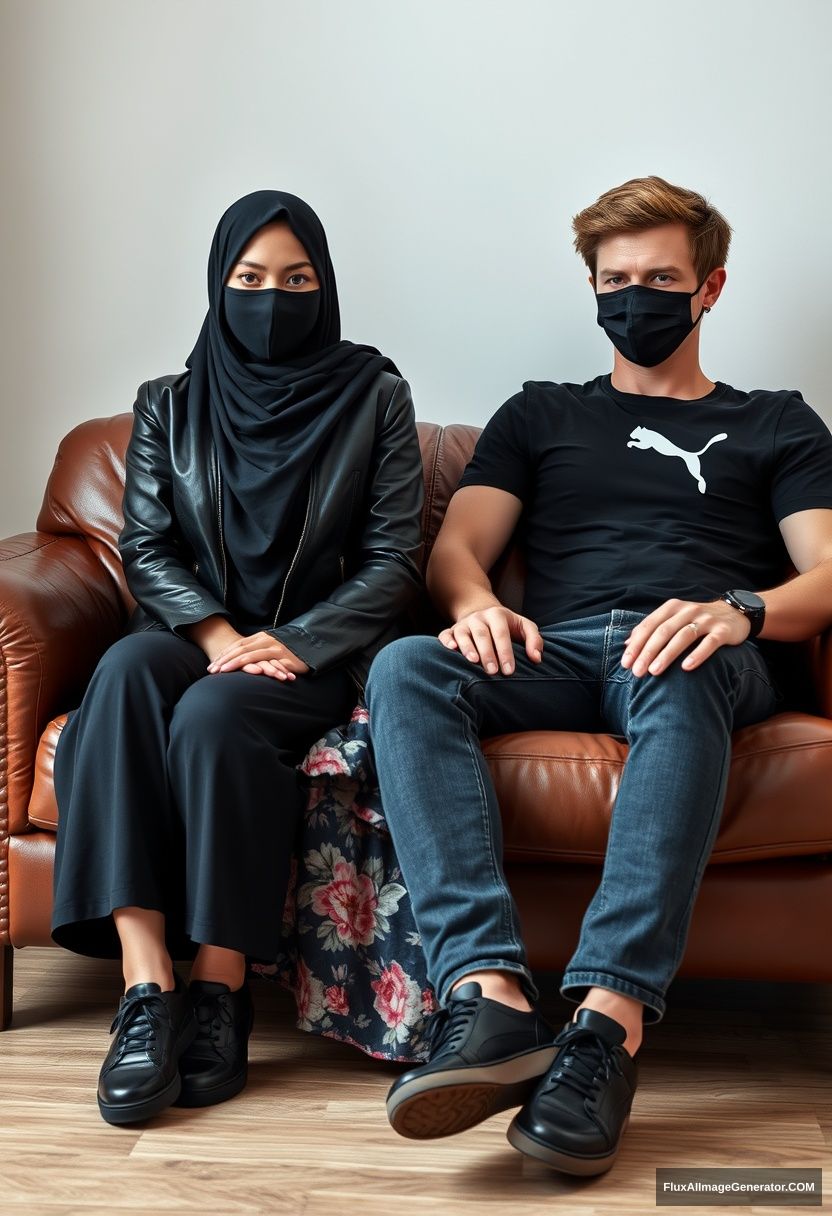 A girl in a big black hijab, a slim girl with beautiful eyes, wearing a black face mask, a black leather jacket, and the longest floral dress, along with black leather sneakers, is sitting on a leather single-wing sofa. Jamie Dornan, the youngest, is wearing a black Puma T-shirt, jeans, and black leather sneakers. He is a tall man with a fit body and is also wearing a black face mask, sitting near her. Hyper-realistic, studio photography.