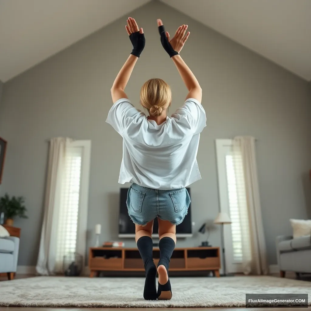 Side view of a skinny blonde woman in her large living room, wearing a massively oversized white t-shirt that is also off-balance on one shoulder. She has on oversized light blue denim shorts that aren't rolled up, and she is wearing ankle-high black socks with no shoes. Facing her TV, she dives headfirst, with both arms raised below her head (which is looking up) and her legs up in the air, at a -60 degree angle.