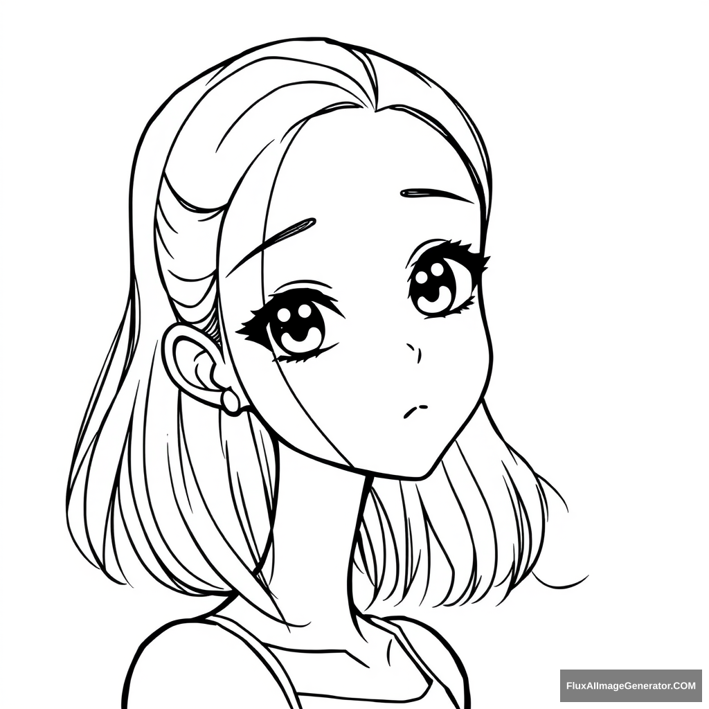 Neat and simple line art character drawing. Anime girl. Very shapely. Very beautiful. Simple eyes.