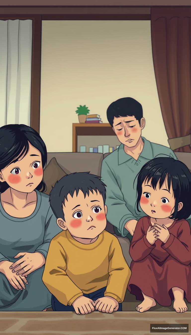 East Asian family, family members with repressed expressions, living room setting, parents scolding child, child looking down silently, tense family atmosphere. - Image