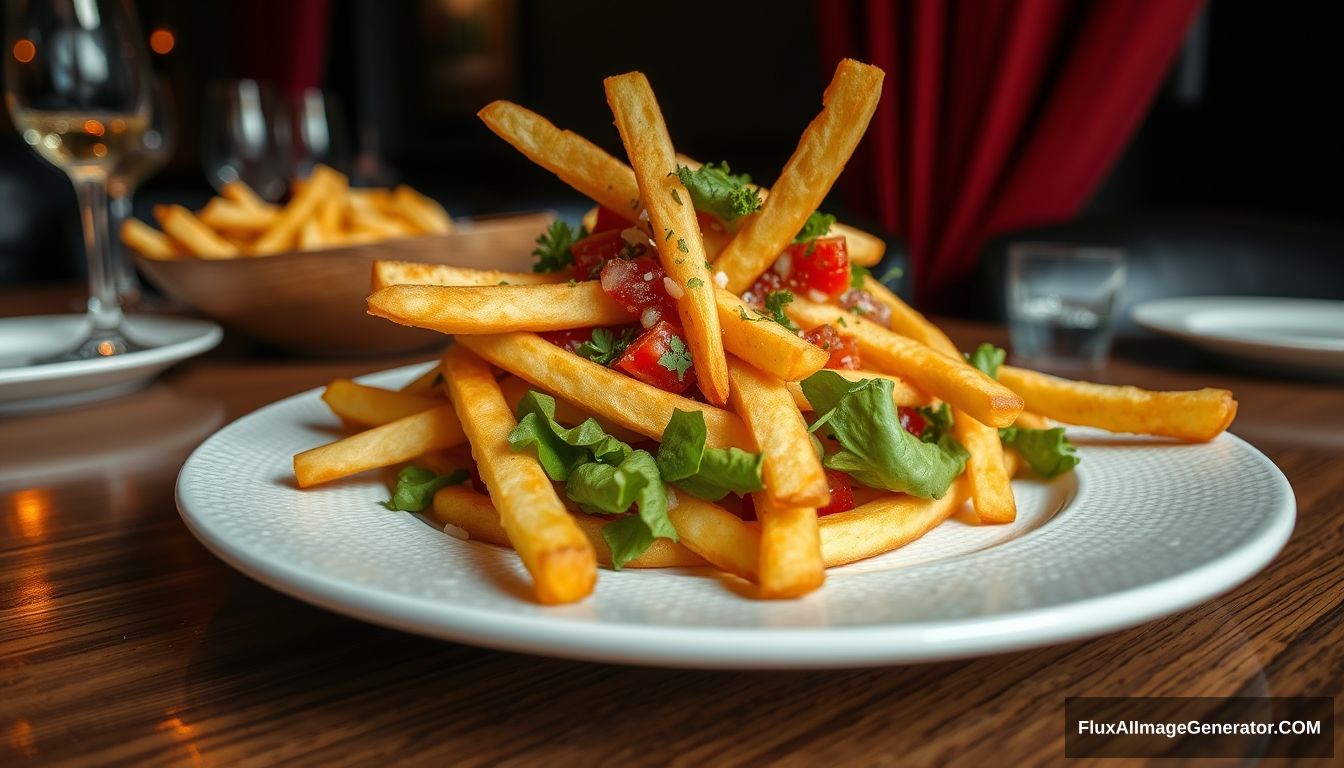 Highly detailed and sharp image of French Fries, plated on a white textured plate. The plate is resting on a wooden table, with the scene zoomed out to reveal more of the surrounding space. The background includes dark areas with a hint of red drapes, providing a contrast that enhances the vibrant colors of the dish. The overall atmosphere is elegant and appetizing, capturing the intricate details of the salad and the dining setting. - Image