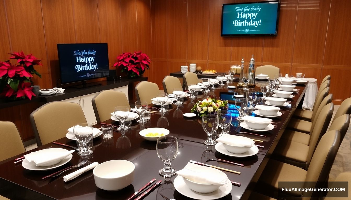 Photograph of a formal dining setup in a luxurious room. The long dining table is set with plates, bowls, glasses, napkins, and chopsticks, but no forks or spoons. The background features a buffet table with various items, a mounted TV displaying a Birthday greeting, and red poinsettia plants adding a festive touch. The room has wooden paneled walls. - Image