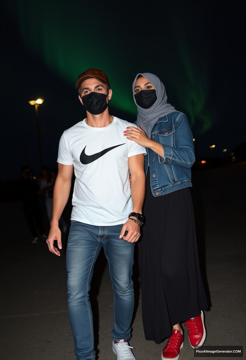 Jamie Dornan, handsome, leather cap, black face mask, white Nike t-shirt, jeans, sneakers, dating romantically with a grey hijab-wearing Muslim girl, beautiful eyes, black face mask, jeans jacket, very long and large skirt, not a tall girl, red sneakers, holding hands, photorealistic, street photography, full photography, selfie photos, night scenery, aurora.