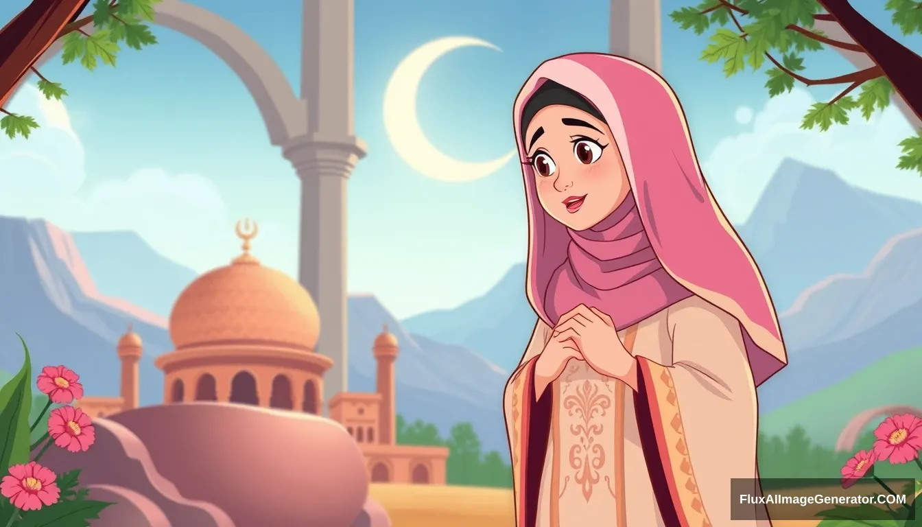 A pious woman named Maryam bint Imran. Maryam is a woman who is very devout in worship and always maintains her purity. She comes from a highly respected family, and since childhood, she was raised in an environment filled with worship and obedience to Allah, creating image animation cartoon.