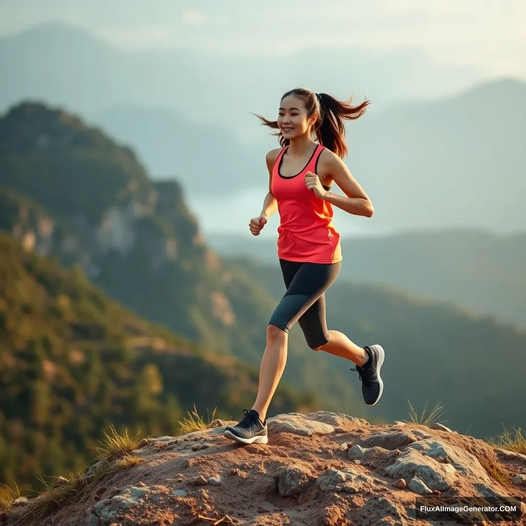 "A beautiful Chinese woman jogging on a small mountain in the early morning."