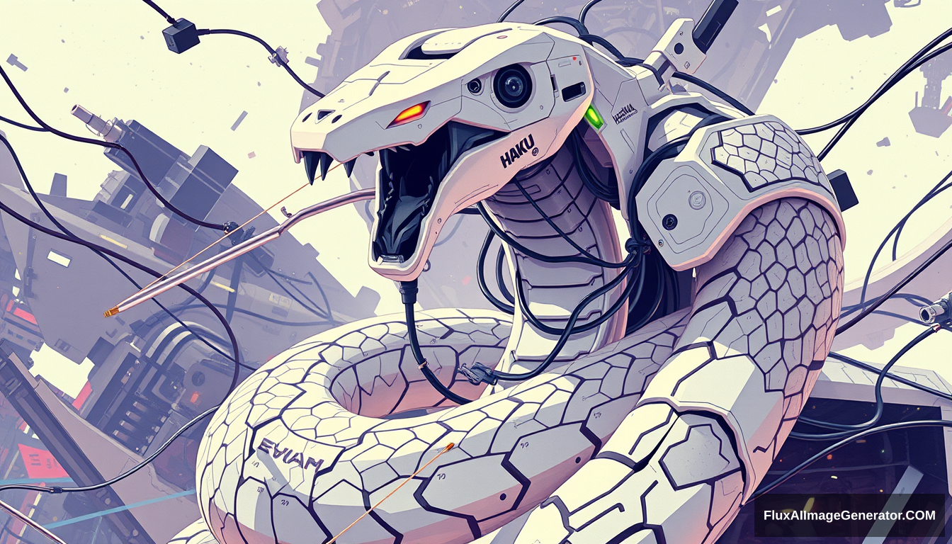 A white snake modeling hard surface mecha, wires, flat neo-pop illustration style, the art for Haku Japan by Michael Kawasaki, in the style of chaotic compositions, nightcore, poster, RTX, layered portraits, mecha anime poster, light color shades.