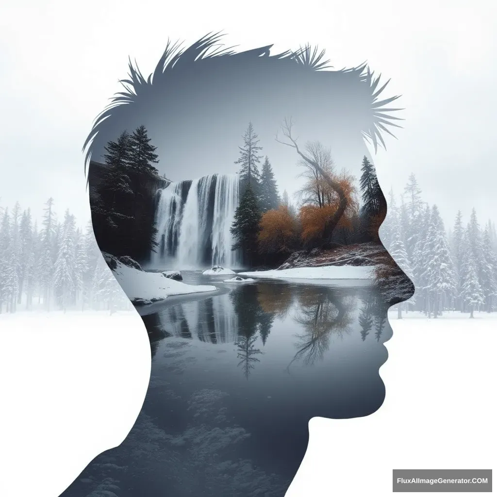 '[Abstract style waterfalls, wildlife, snowing] inside the silhouette of a [man]’s head that is a double exposure photograph. Non-representational, colors and shapes, expression of feelings, imaginative, highly detailed.'