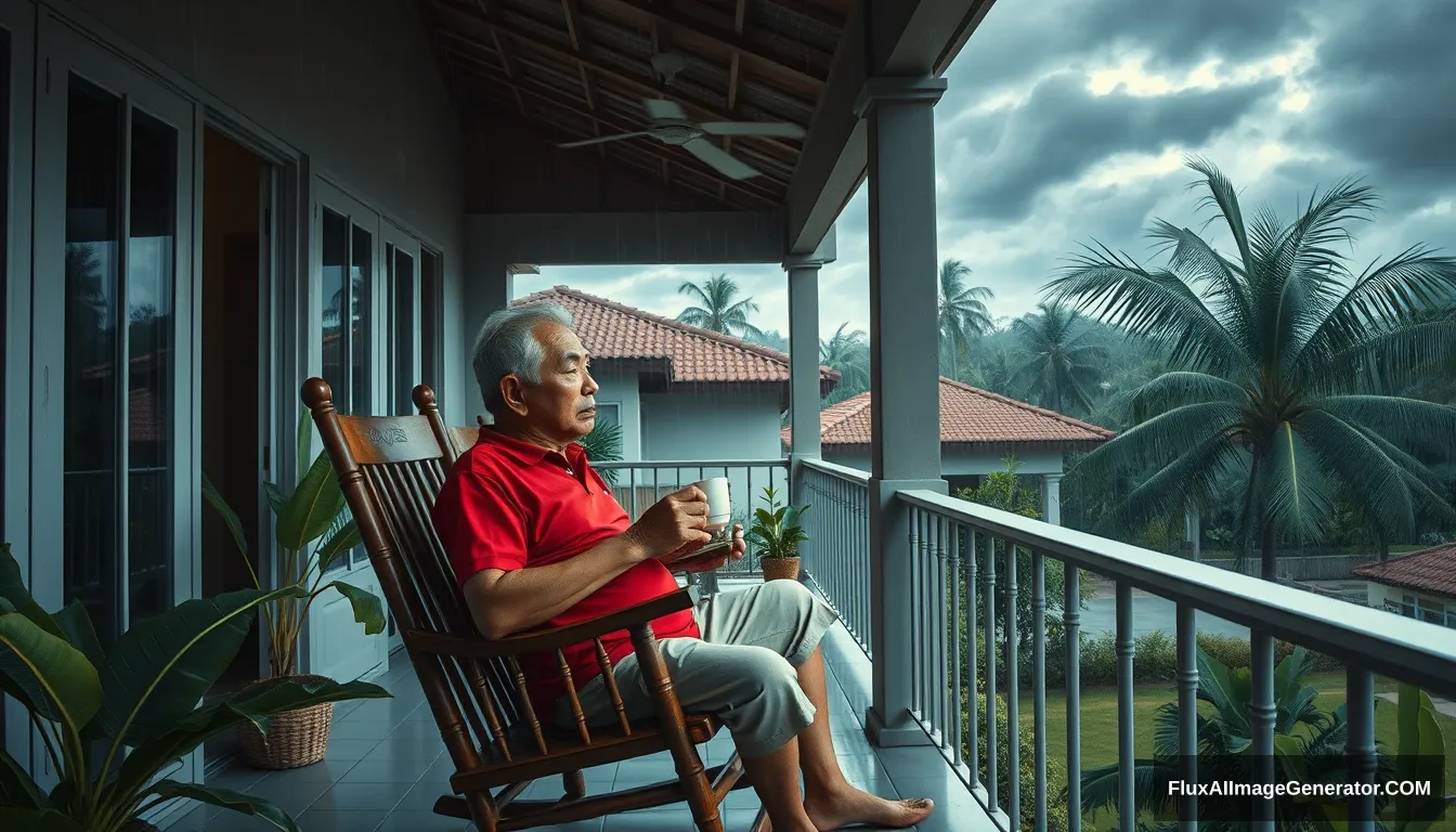 the style of Hirohiko Araki Kubrick, a 60-year-old Thai handsome grandfather, wearing crimson red t-shirt, sitting on a rocking chair, sipping hot coffee, chilling on the balcony of a house in Chonburi, enjoying the morning atmosphere with dark blue clouds, cool wind in front of the house, with a garden, banana trees, coconut trees, heavy rain atmosphere, Oil painting, sharp 3d, 40k, pastel colour