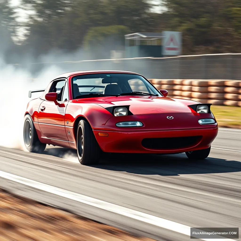 Create an image of a Mazda Miata first generation drifting.