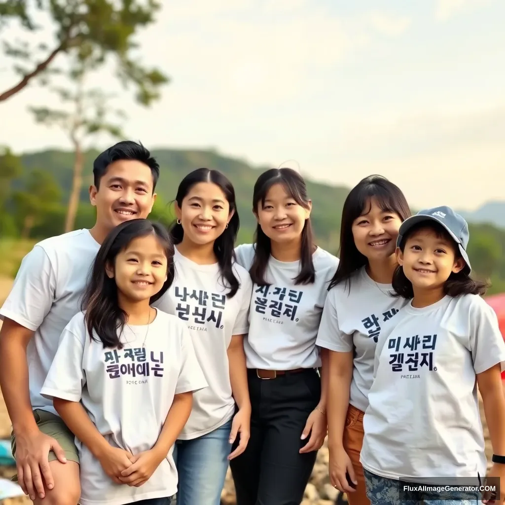 A happy scene of three families camping while wearing white short-sleeved t-shirts with Korean writing. The family from Gumi consists of four members (1 dad, 1 mom, 2 elementary school girls), the family from Songdo has three members (1 dad, 1 mom, 1 elementary school girl), and the family from Pangyo has four members (1 dad, 1 mom, 1 elementary school girl, and 1 toddler boy).