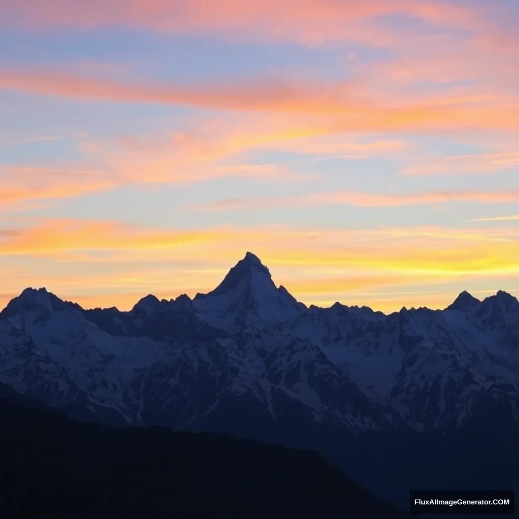 "A majestic mountain range at sunset, where the peaks transform into sleeping giants, their silhouettes barely visible against the colorful sky." - Image