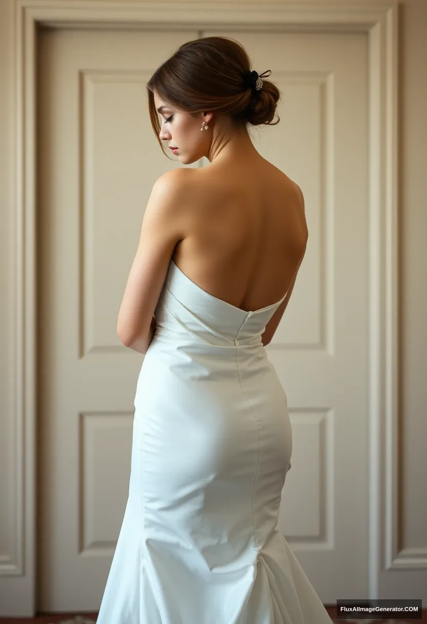 A short young woman, sensitive, delicate, ashamed, wearing a backless, strapless, side-less, low-waisted contouring wedding dress, standing in front of patriarchy and expectations.