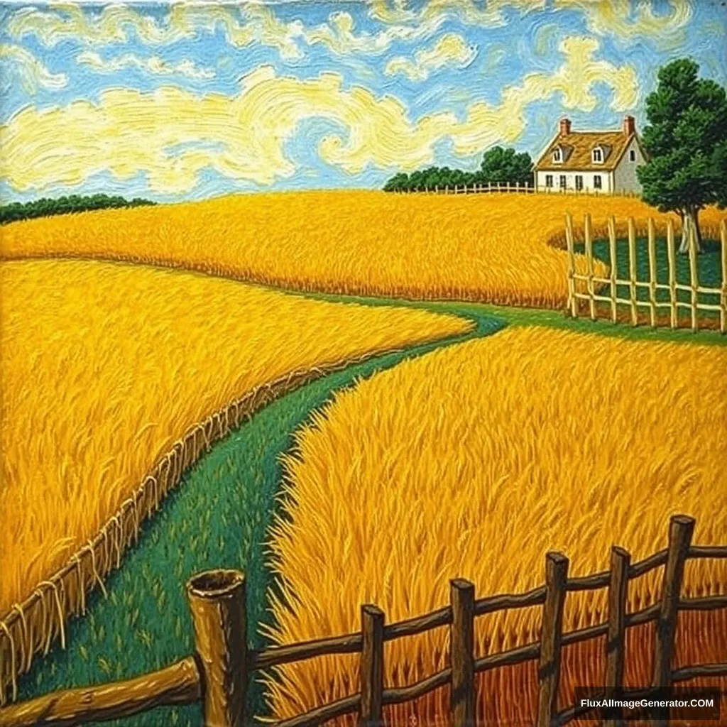 Vincent van Gogh, wheat fields, wheat piles, house, fence, oil painting.