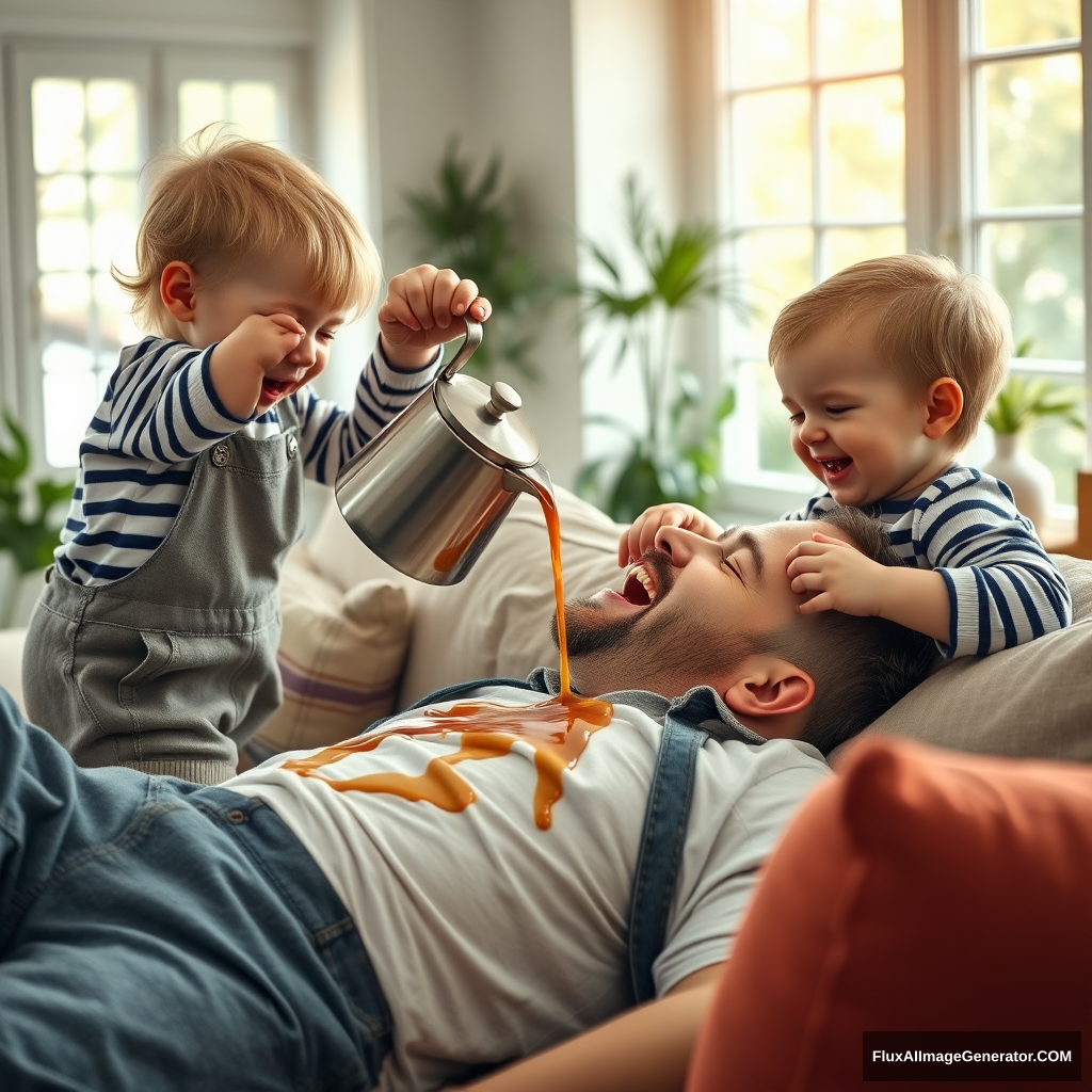 A hyper-realistic, highly detailed and vibrant photograph of two mischievous toddlers pouring a large pot of steaming hot coffee into the mouth of a sleeping adult man in his 40s. The toddlers have blond hair and are dressed in matching overalls and striped shirts. One toddler carefully holds the coffee pot, tilting it to pour the coffee, while the other holds a mug and laughs happily. The man lies on a sofa with his mouth open, dressed in casual clothes, and coffee spills over his face and shirt, creating a dynamic and lively scene. The background is a cozy, well-lit living room with soft natural light streaming through large windows, plants and warm, inviting decor, adding to the realism and vibrancy of the image. - Image