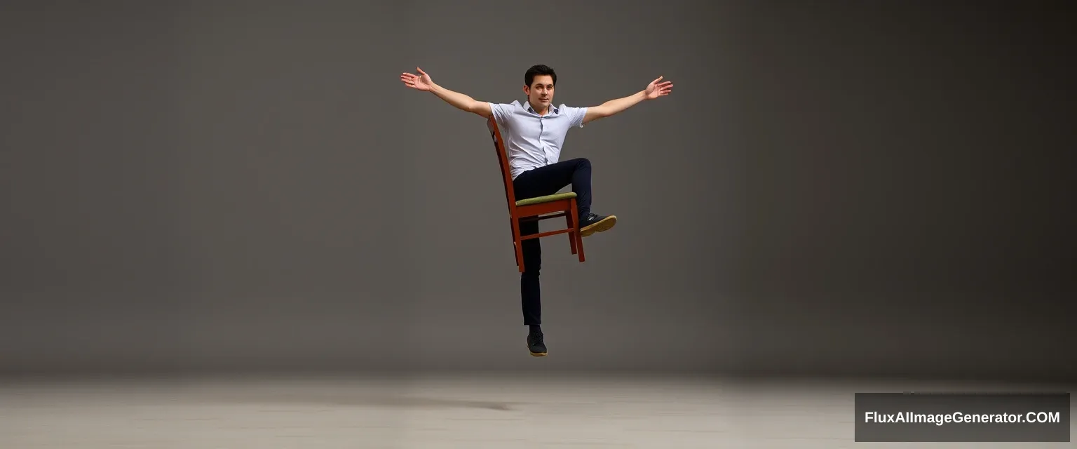 A guy balances a chair on all four legs at the same time.