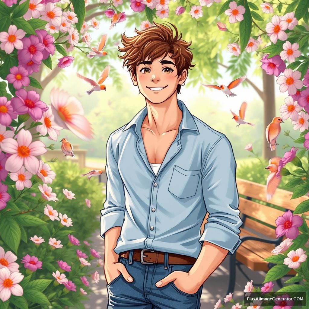 A sunny, handsome guy looking for a girlfriend, athletic build with tousled hair and a charming smile, casually dressed in a light blue shirt and jeans, standing amidst blooming flowers in a park, surrounded by vibrant greens and colorful blossoms, wooden benches in the background, birds fluttering around, composition focuses on the guy’s inviting expression while the flowers create a dreamy frame around him, evoking feelings of hope and romance in a lively, cheerful atmosphere, illustration, capturing the essence of youthful love and vitality, --ar 16:9 --v 5.