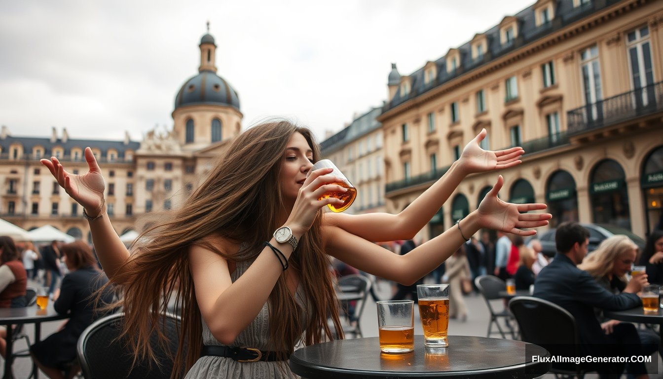 A woman with long hair and eight arms is drinking in a square in Paris.